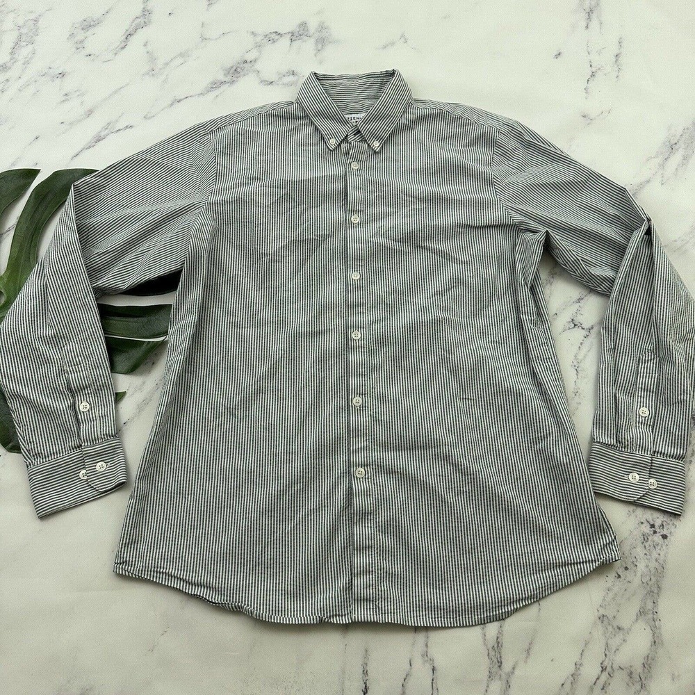 Mizzen + Main Mens Seersucker Button Up Shirt Size XXL White Gray Stripe Trim